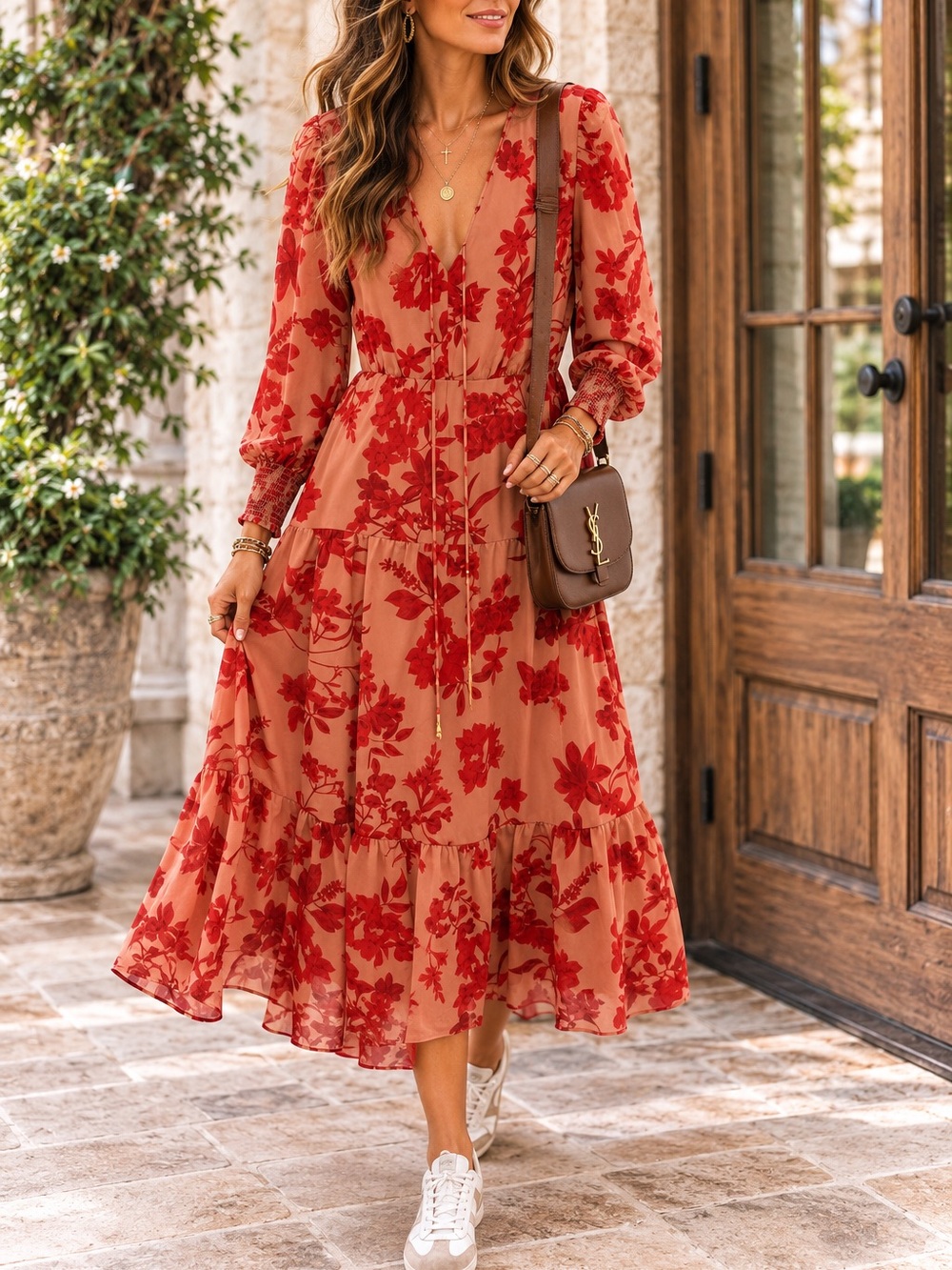 Sam Edelman Long Sleeve, Floral, Tiered Midi Dress - Fall Wardrobe Stalple - Picture 7 of 8